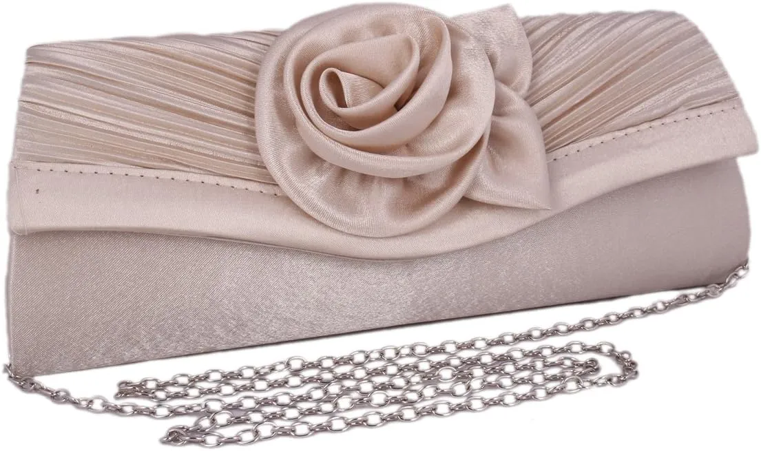 Womens Pleated Flower Evening Clutch Satin Vintage Dinner Bag