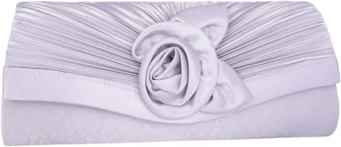 Womens Pleated Flower Evening Clutch Satin Vintage Dinner Bag