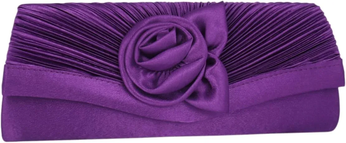 Womens Pleated Flower Evening Clutch Satin Vintage Dinner Bag