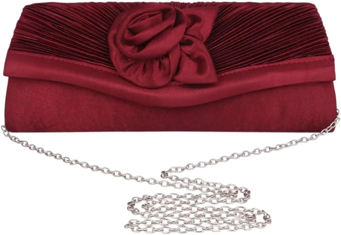 Womens Pleated Flower Evening Clutch Satin Vintage Dinner Bag