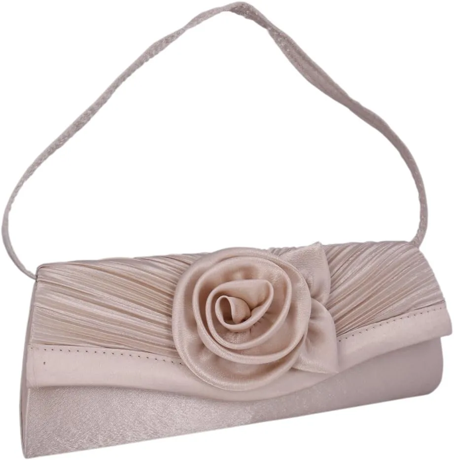 Womens Pleated Flower Evening Clutch Satin Vintage Dinner Bag