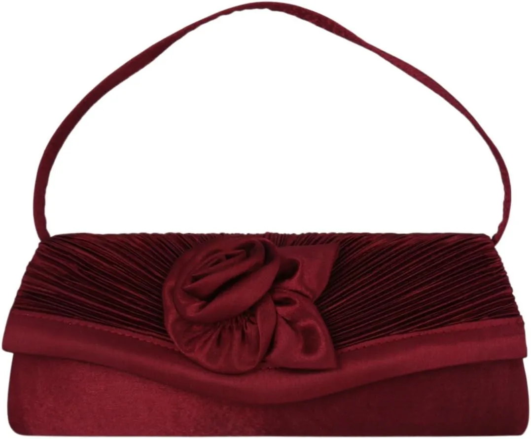 Womens Pleated Flower Evening Clutch Satin Vintage Dinner Bag