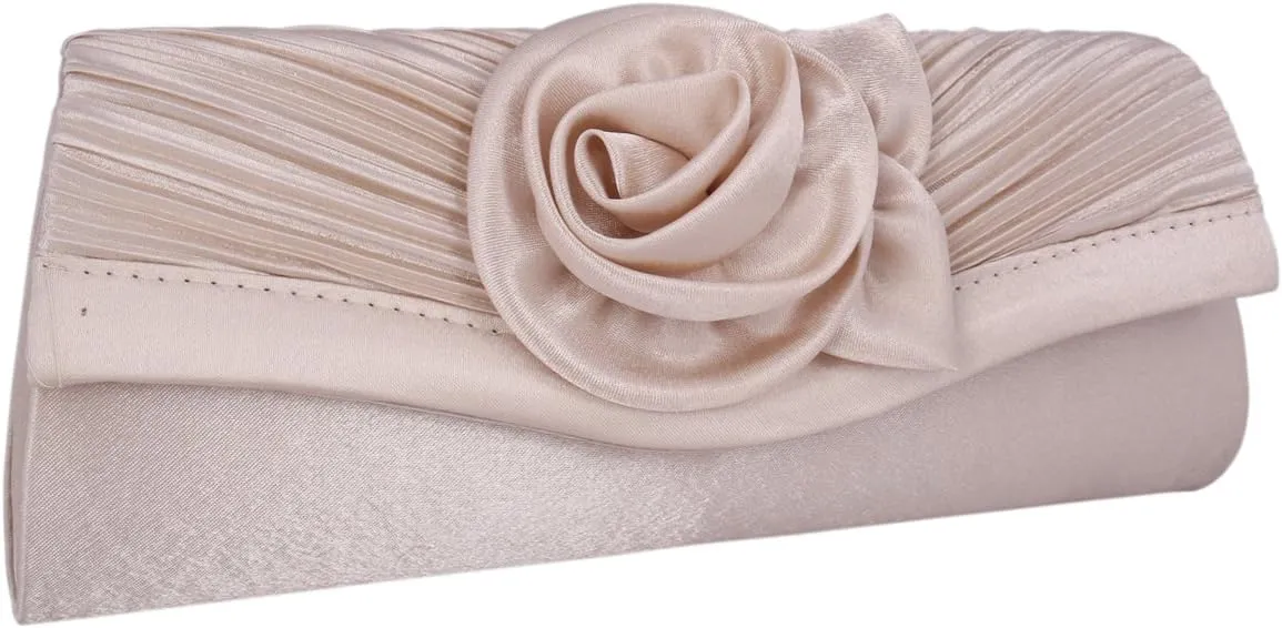 Womens Pleated Flower Evening Clutch Satin Vintage Dinner Bag