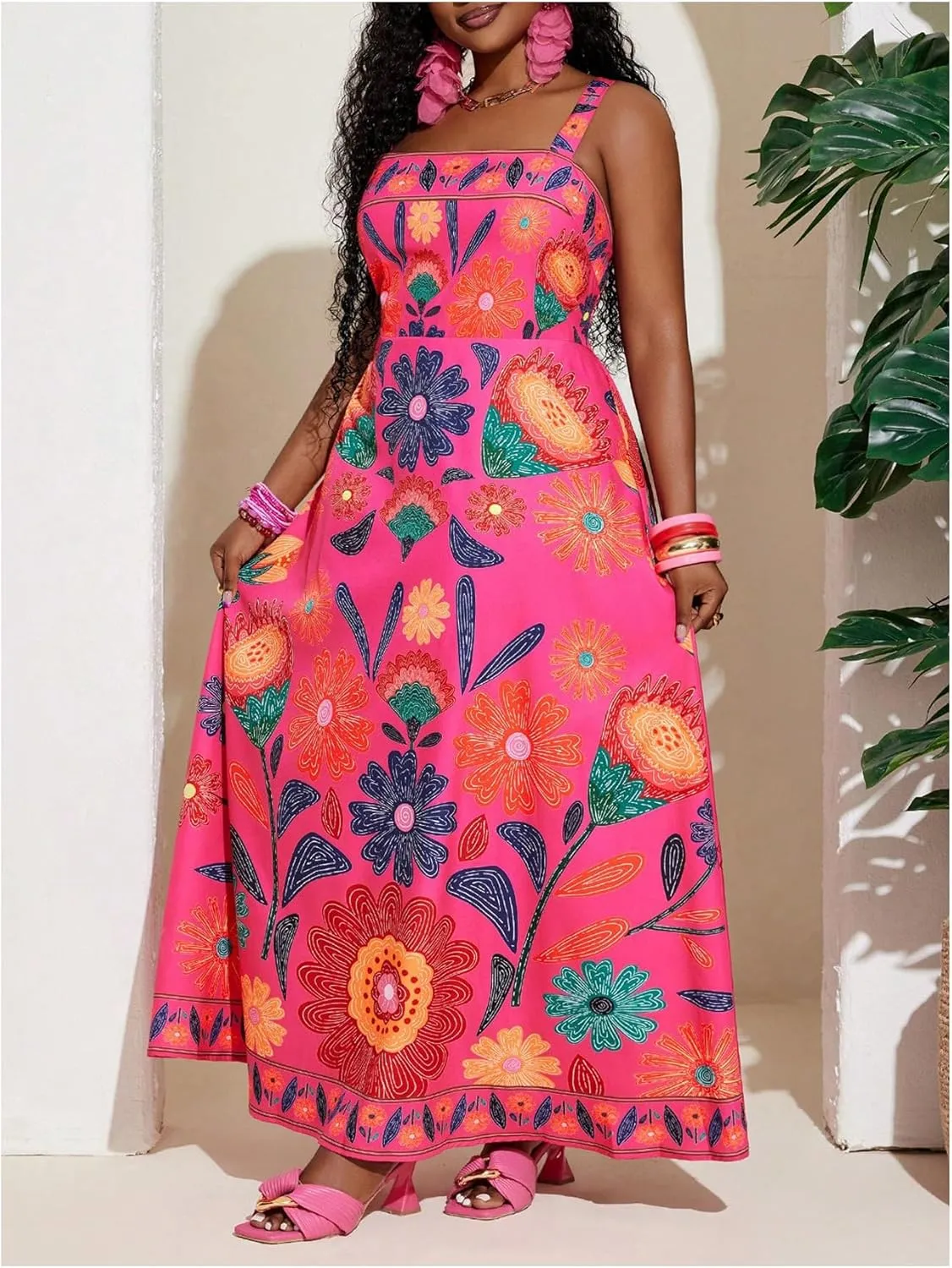 Women's Plus Size Floral Maxi Dress Sleeveless High Waisted Summer Flowy Cami Dresses
