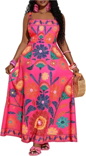 Women's Plus Size Floral Maxi Dress Sleeveless High Waisted Summer Flowy Cami Dresses
