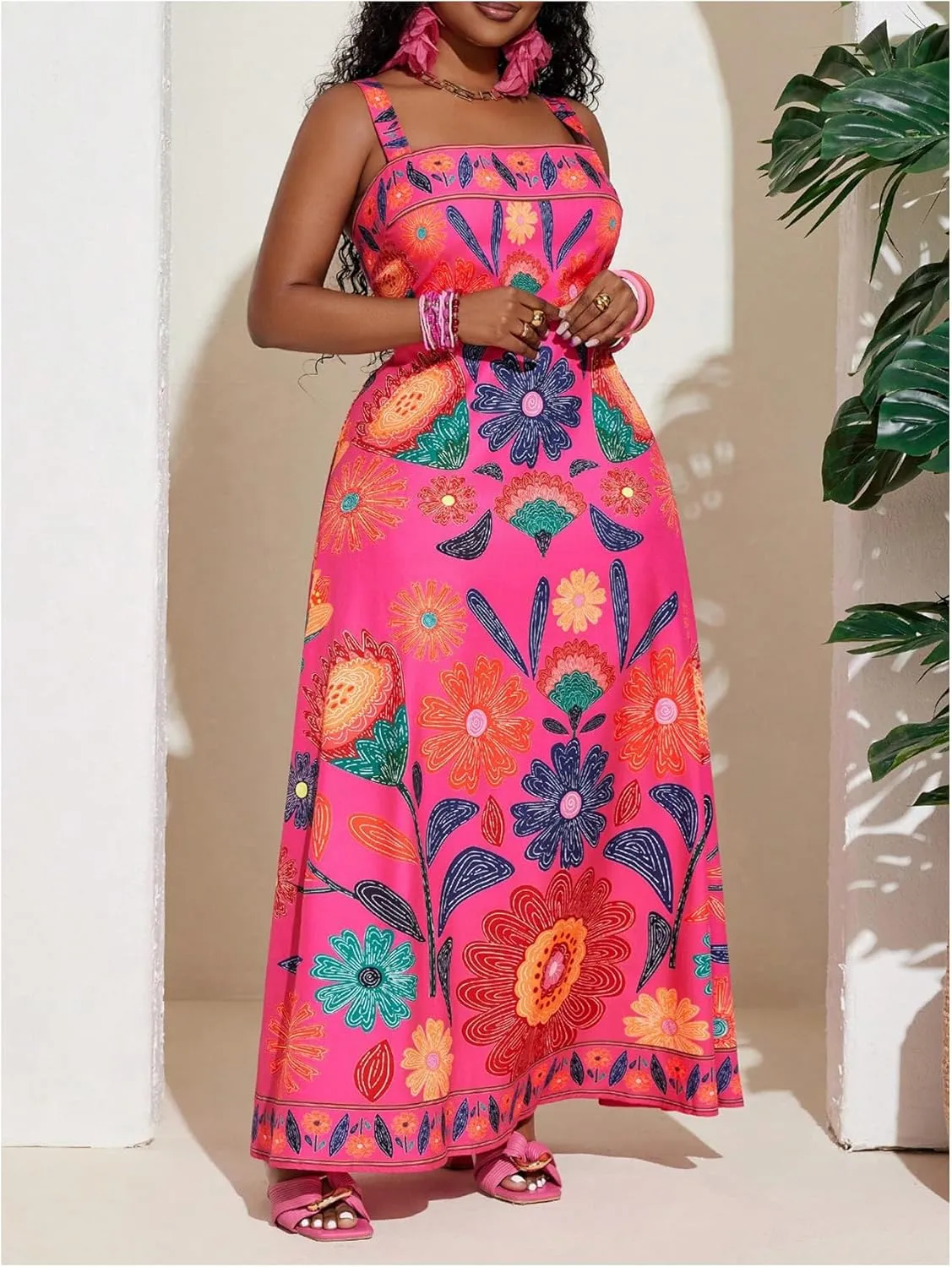 Women's Plus Size Floral Maxi Dress Sleeveless High Waisted Summer Flowy Cami Dresses