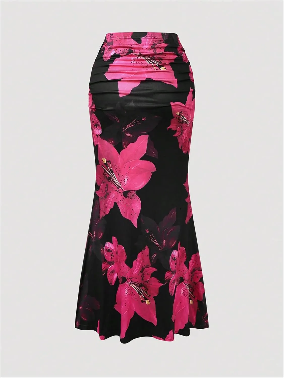 Women's Plus Size Floral Ruched Fishtail Skirt High Waist Bodycon Long Skirts