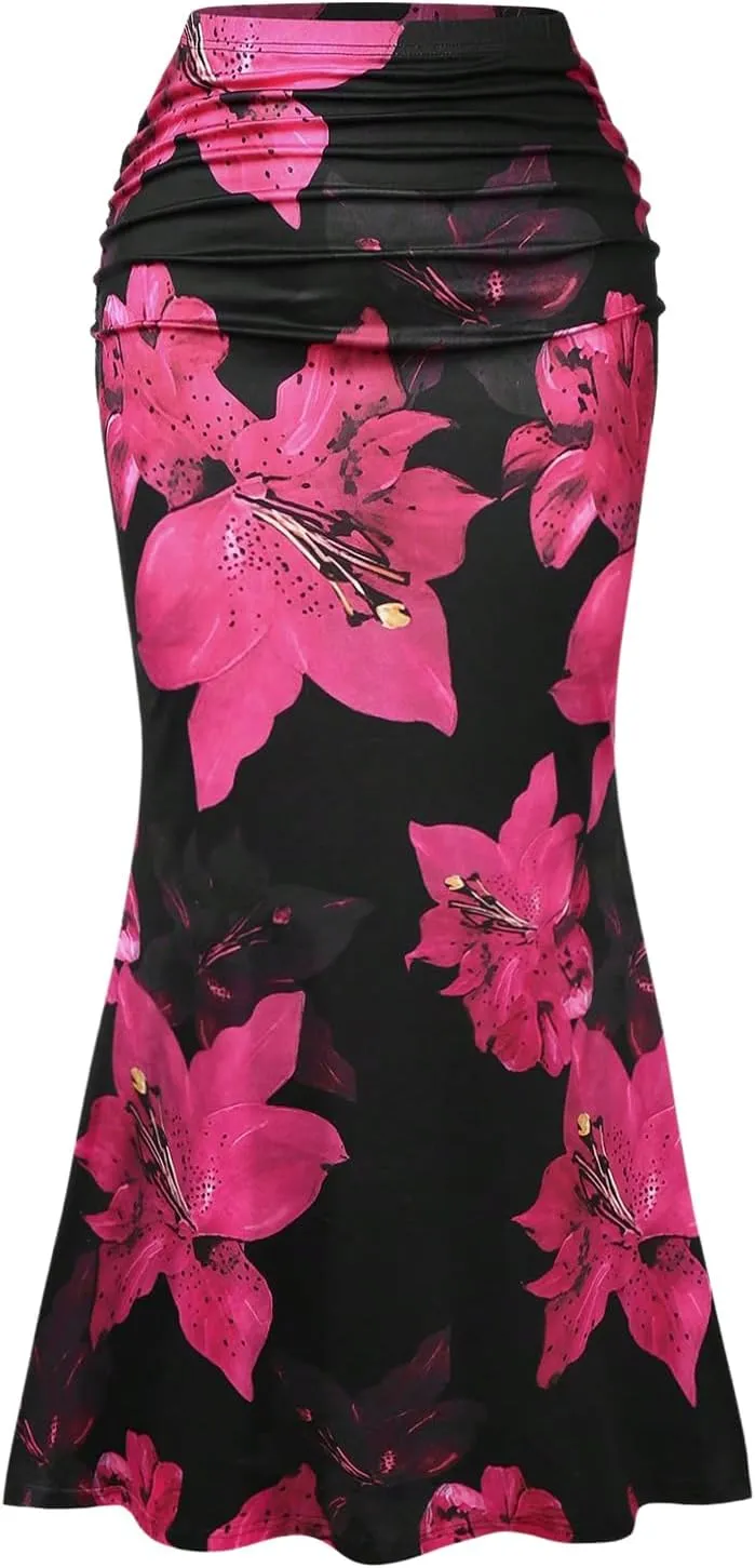 Women's Plus Size Floral Ruched Fishtail Skirt High Waist Bodycon Long Skirts