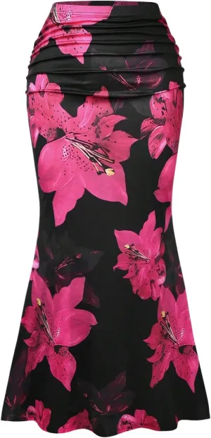 Women's Plus Size Floral Ruched Fishtail Skirt High Waist Bodycon Long Skirts