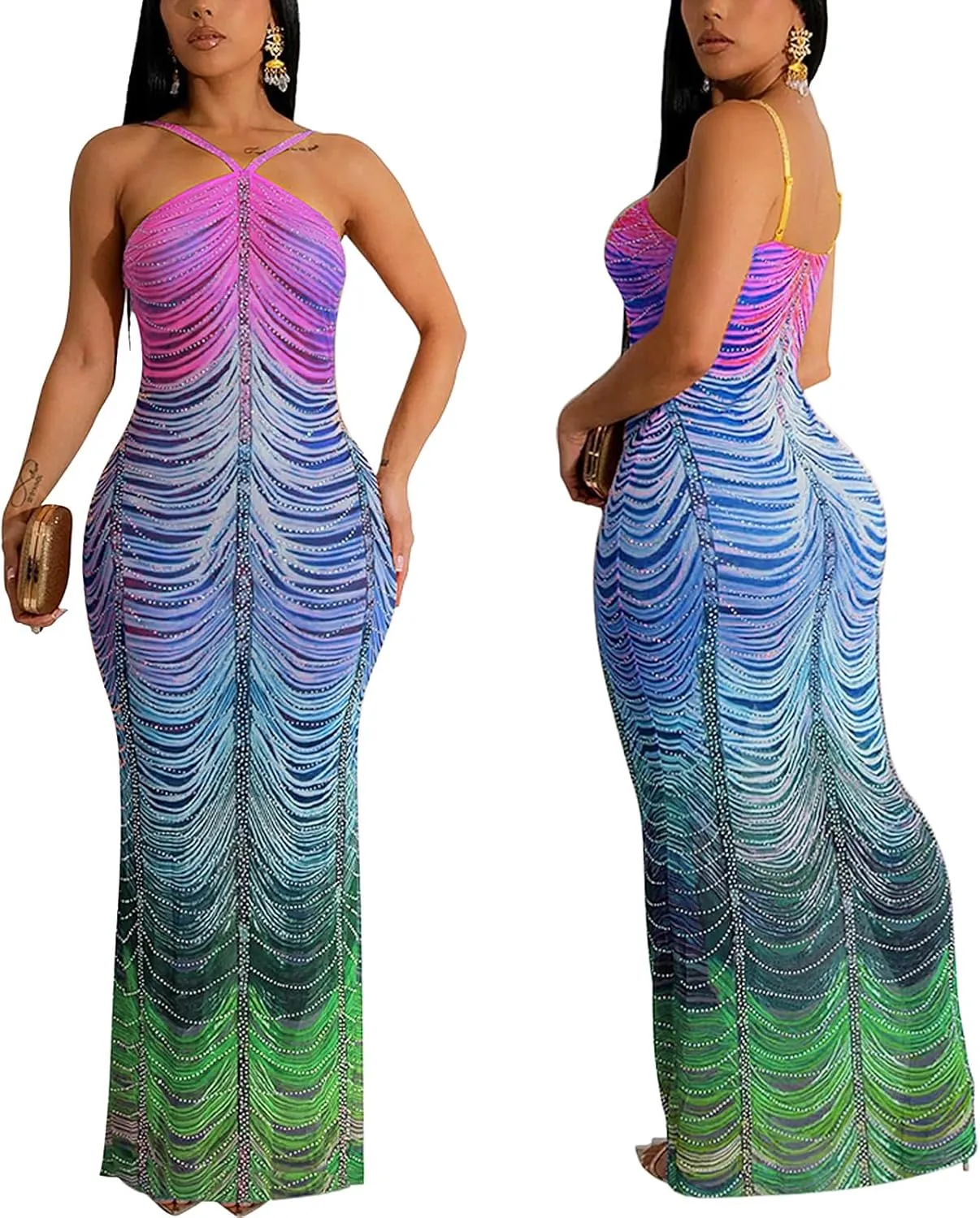 Women's Rhinestone Halter Backless Mini Dress Sexy Bodycon Mesh Colorful Dresses