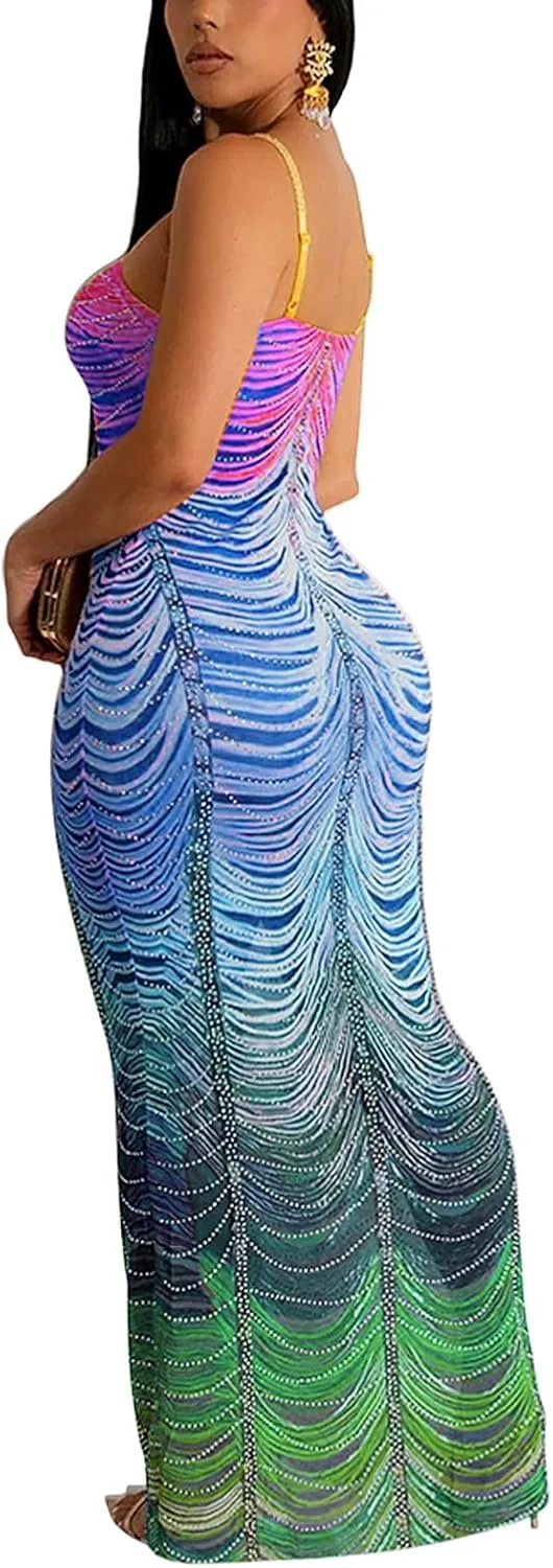 Women's Rhinestone Halter Backless Mini Dress Sexy Bodycon Mesh Colorful Dresses