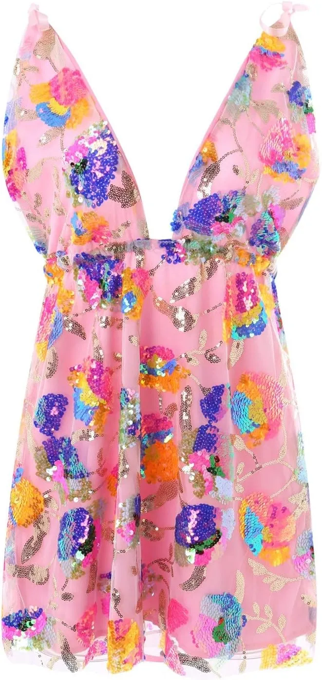 Women's Sequin Dress Sexy Sparkly Floral Summer Backless Deep V Low-Cut Shiny Strap Mini Dress for Party Cocktail Clubwear