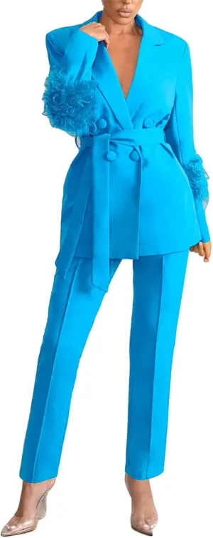 Womens Sexy 2 Pieces Feather Belted Blazer Jackets Bodycon Pants Party Clubwear Tracksuit Outfits Suit Set