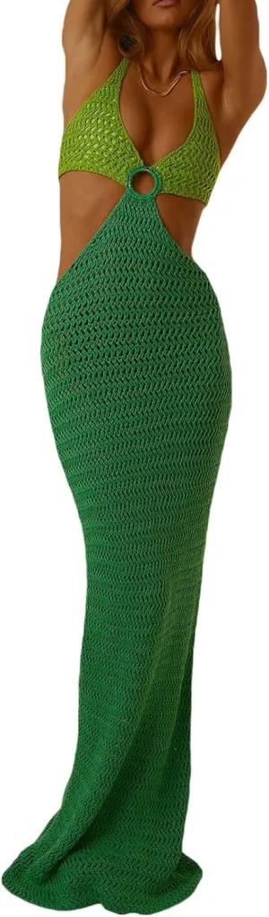 Womens Sexy Knitted Halter Bodycon Dress Sleeveless Backless Cut Out Maxi Dress Club Party Long Beach Dress