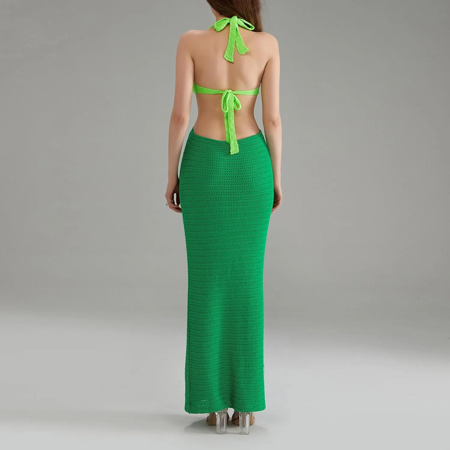 Womens Sexy Knitted Halter Bodycon Dress Sleeveless Backless Cut Out Maxi Dress Club Party Long Beach Dress