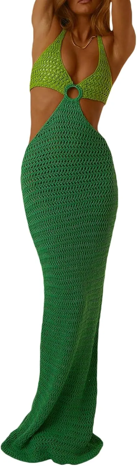 Womens Sexy Knitted Halter Bodycon Dress Sleeveless Backless Cut Out Maxi Dress Club Party Long Beach Dress