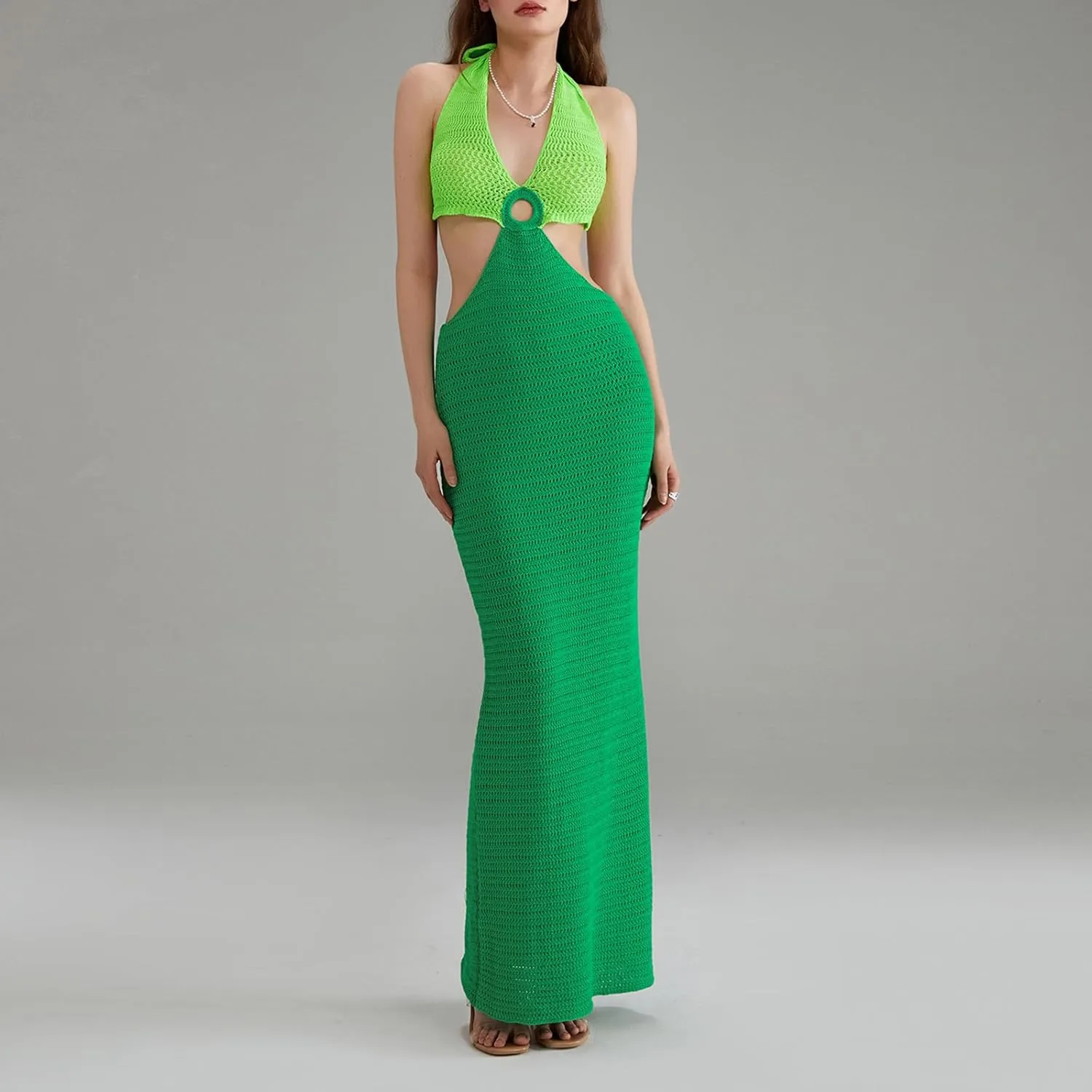 Womens Sexy Knitted Halter Bodycon Dress Sleeveless Backless Cut Out Maxi Dress Club Party Long Beach Dress