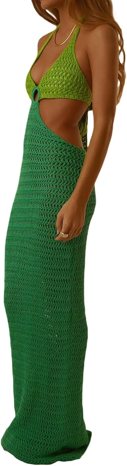 Womens Sexy Knitted Halter Bodycon Dress Sleeveless Backless Cut Out Maxi Dress Club Party Long Beach Dress