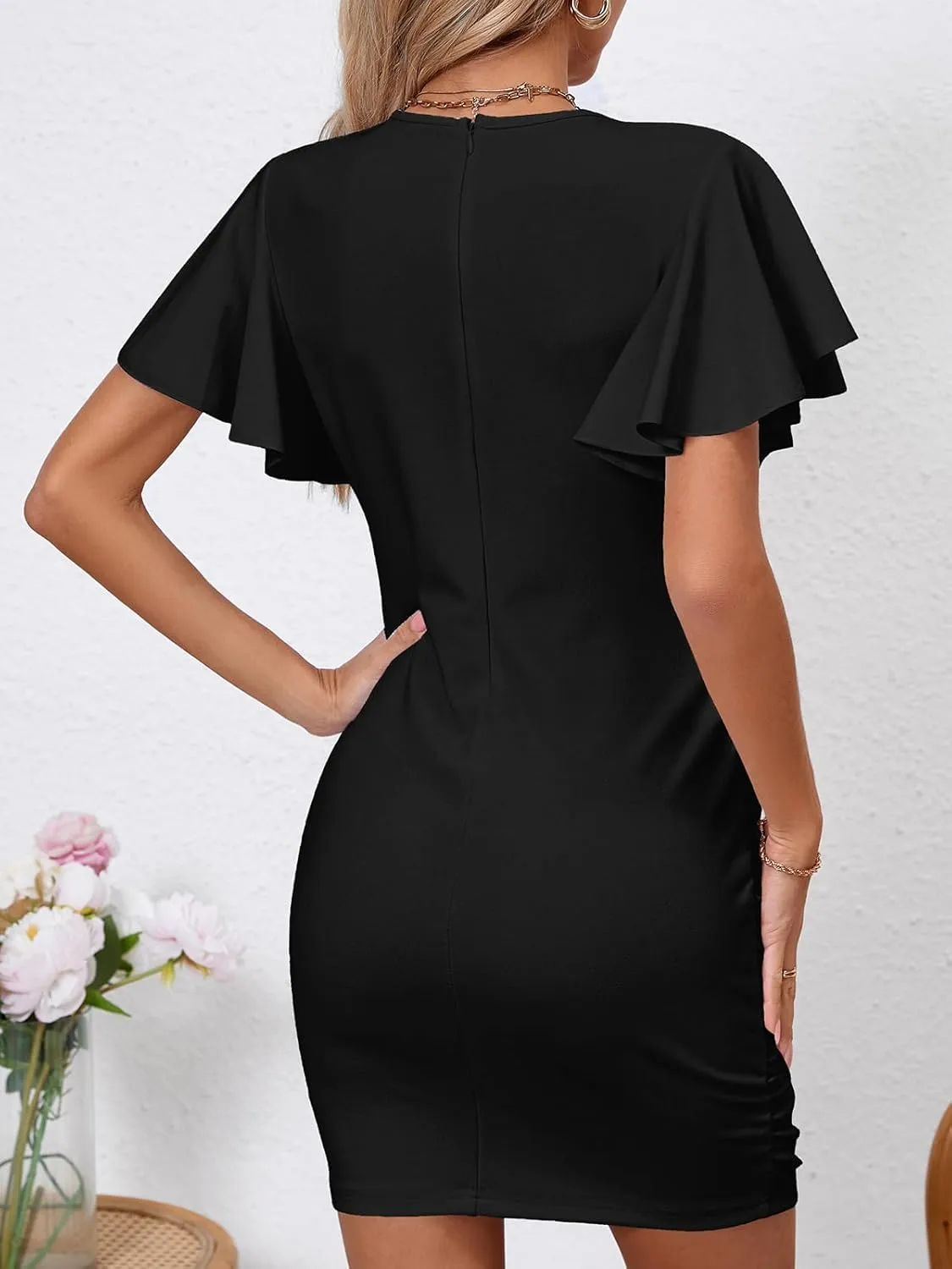 Women's Sexy V Neck Ruffle Sleeve Bodycon Mini Cocktail Party Dress Casual Short Sleeve Work Dress