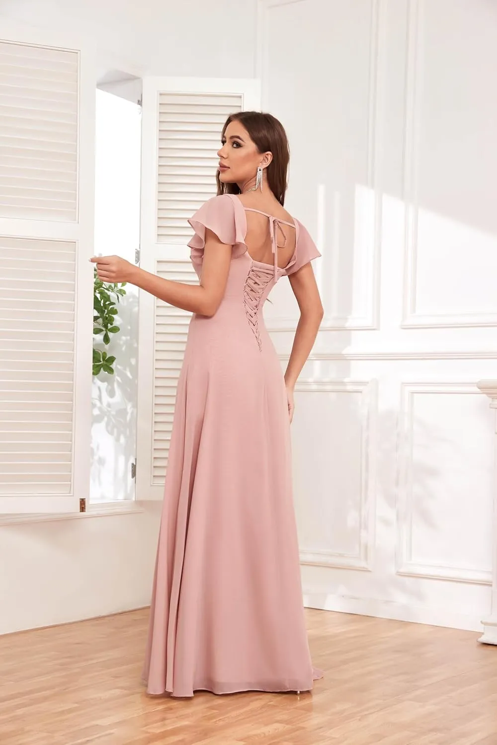 Women's Short Sleeve Bridesmaid Dresses for Wedding Empire Waist A Line Chiffon Long Formal Dresses with Slit