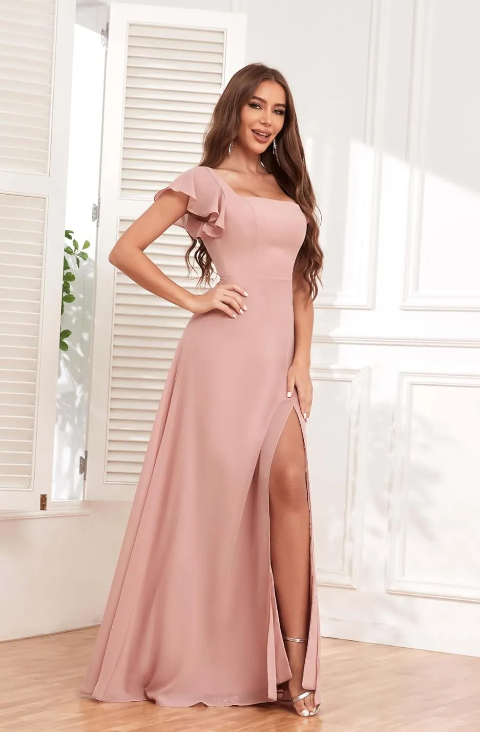 Women's Short Sleeve Bridesmaid Dresses for Wedding Empire Waist A Line Chiffon Long Formal Dresses with Slit