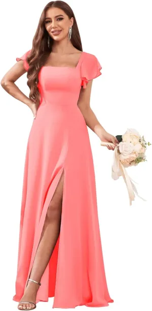 Women's Short Sleeve Bridesmaid Dresses for Wedding Empire Waist A Line Chiffon Long Formal Dresses with Slit