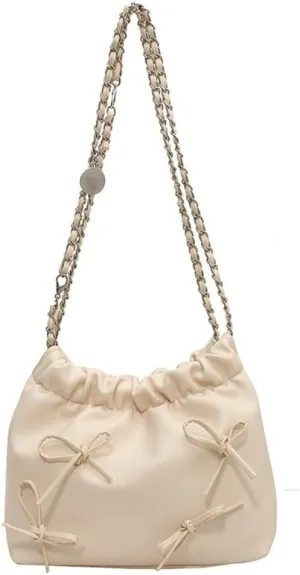 Women's Soft PU Leather Shoulder Bag Y2K Bow Bucket Totes Hobo Handbag Fashion Purse Satchel with Chain Well made