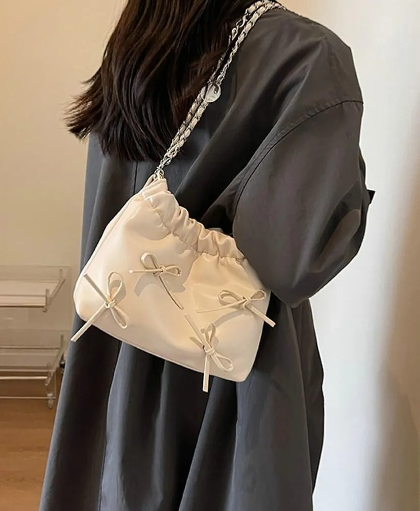 Women's Soft PU Leather Shoulder Bag Y2K Bow Bucket Totes Hobo Handbag Fashion Purse Satchel with Chain Well made