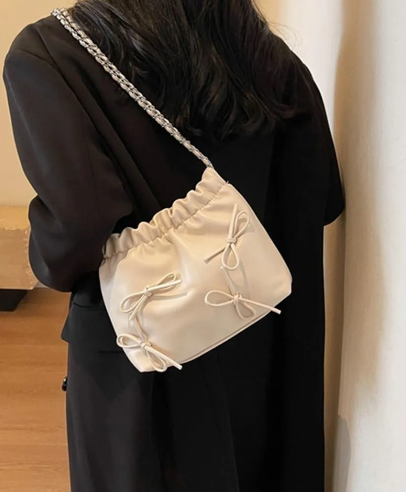 Women's Soft PU Leather Shoulder Bag Y2K Bow Bucket Totes Hobo Handbag Fashion Purse Satchel with Chain Well made