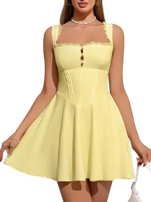 Women's Square Neck Lace Summer Casual Mini Dress Ruffle Flowy A Line Corset Buttons Cute Short Graduation Dresses