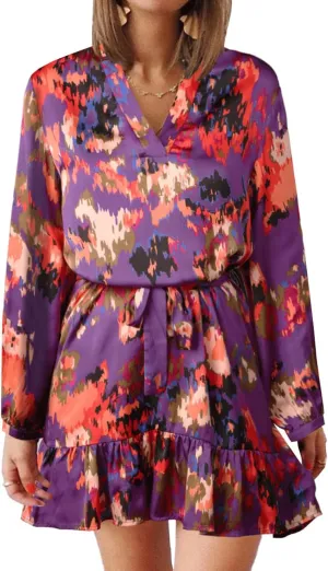 Women's Summer Bohemian Abstract Print Wrap V Neck Lantern Long Sleeve Waist Tie Ruffle Mini Swing Skater Sun Dress