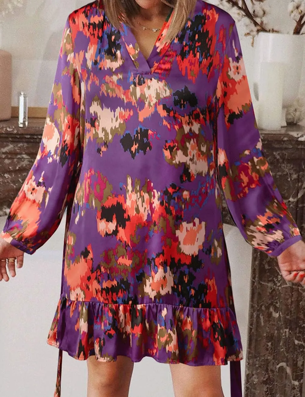 Women's Summer Bohemian Abstract Print Wrap V Neck Lantern Long Sleeve Waist Tie Ruffle Mini Swing Skater Sun Dress