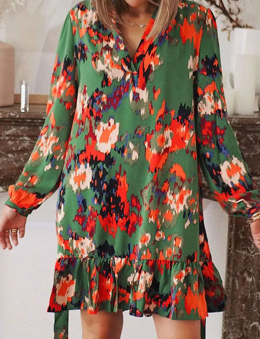 Women's Summer Bohemian Abstract Print Wrap V Neck Lantern Long Sleeve Waist Tie Ruffle Mini Swing Skater Sun Dress