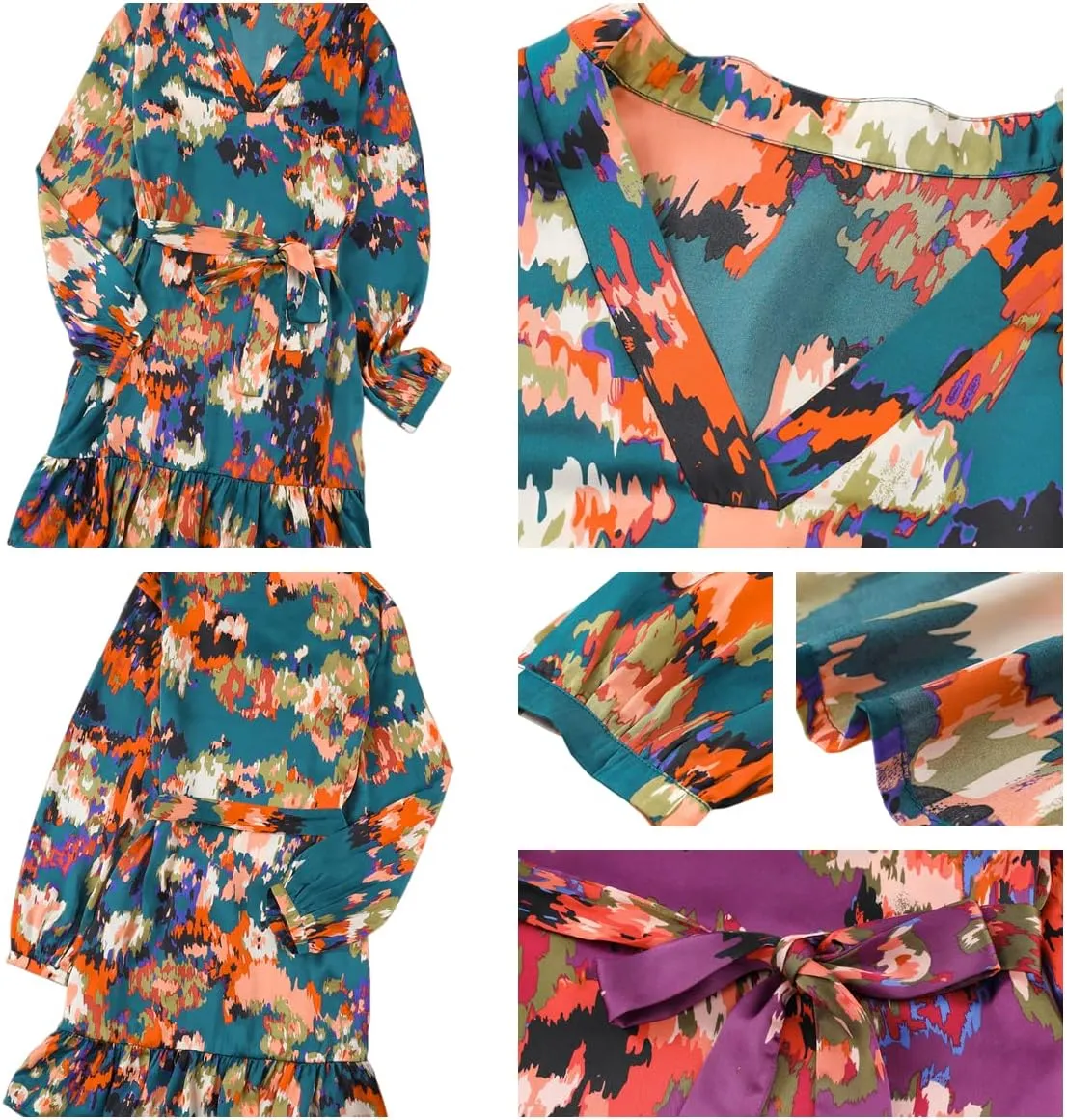 Women's Summer Bohemian Abstract Print Wrap V Neck Lantern Long Sleeve Waist Tie Ruffle Mini Swing Skater Sun Dress
