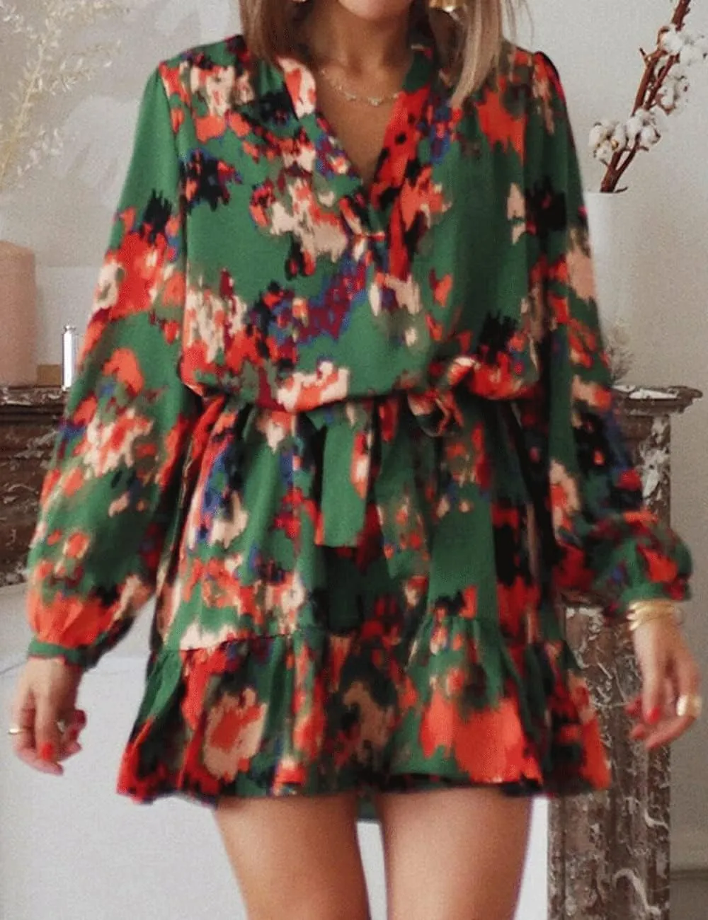 Women's Summer Bohemian Abstract Print Wrap V Neck Lantern Long Sleeve Waist Tie Ruffle Mini Swing Skater Sun Dress