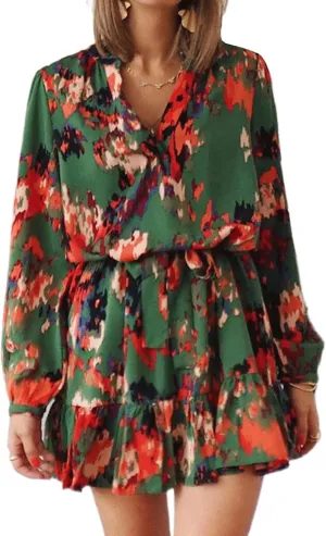 Women's Summer Bohemian Abstract Print Wrap V Neck Lantern Long Sleeve Waist Tie Ruffle Mini Swing Skater Sun Dress