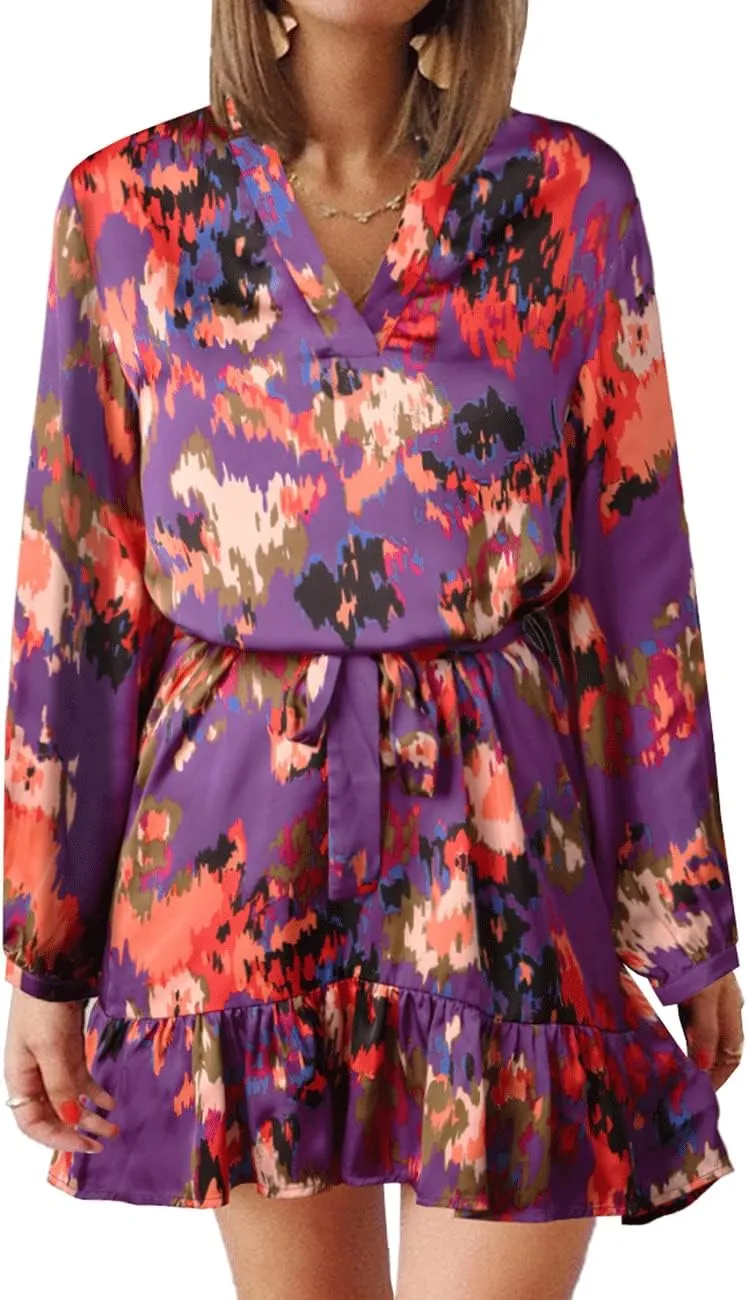 Women's Summer Bohemian Abstract Print Wrap V Neck Lantern Long Sleeve Waist Tie Ruffle Mini Swing Skater Sun Dress