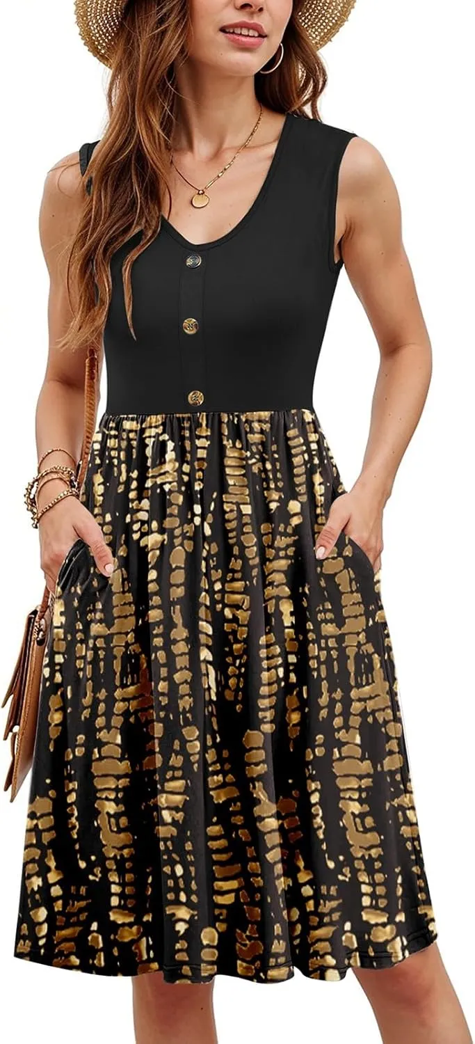 Womens Summer Casual Button Down Mini Dress Floral Beach Sundresses V Neck Flowy A Line Color Block Pocket Tank Dress