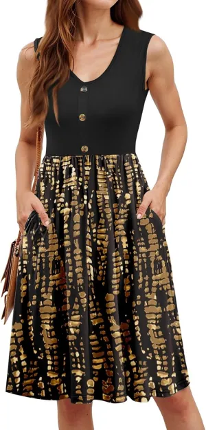Womens Summer Casual Button Down Mini Dress Floral Beach Sundresses V Neck Flowy A Line Color Block Pocket Tank Dress