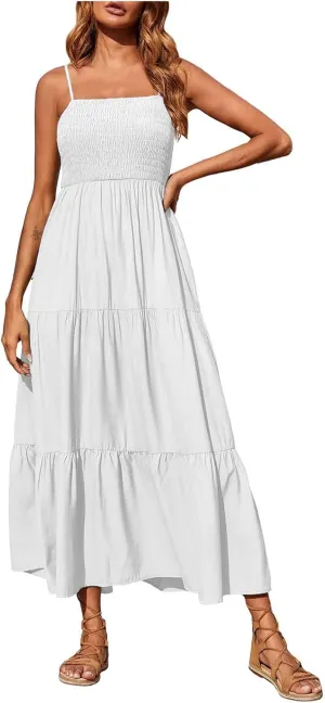 Women's Summer Maxi Dress Casual Boho Sleeveless High Waisted Spaghetti Strap Smocked Tiered Solid Beach Sun Dresses