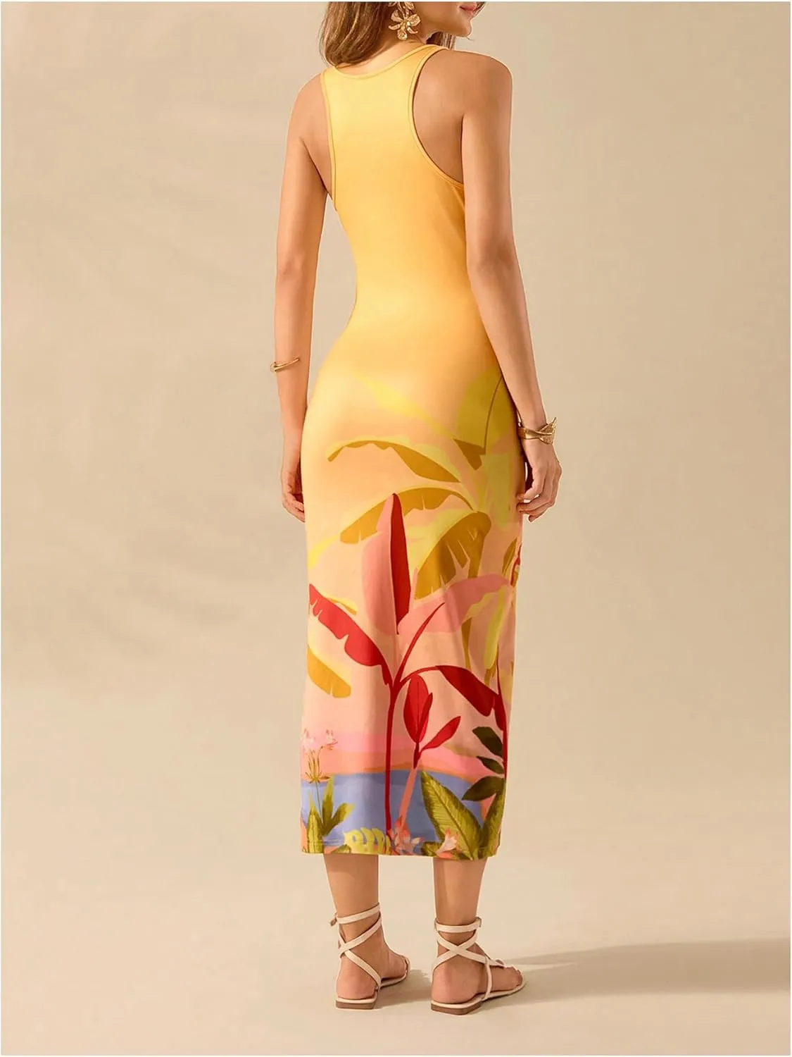 Women's Tropical Bodycon Tank Dress Elegant Summer Vacation Crewneck Split Thigh Long Maxi Dress Boho Sundress