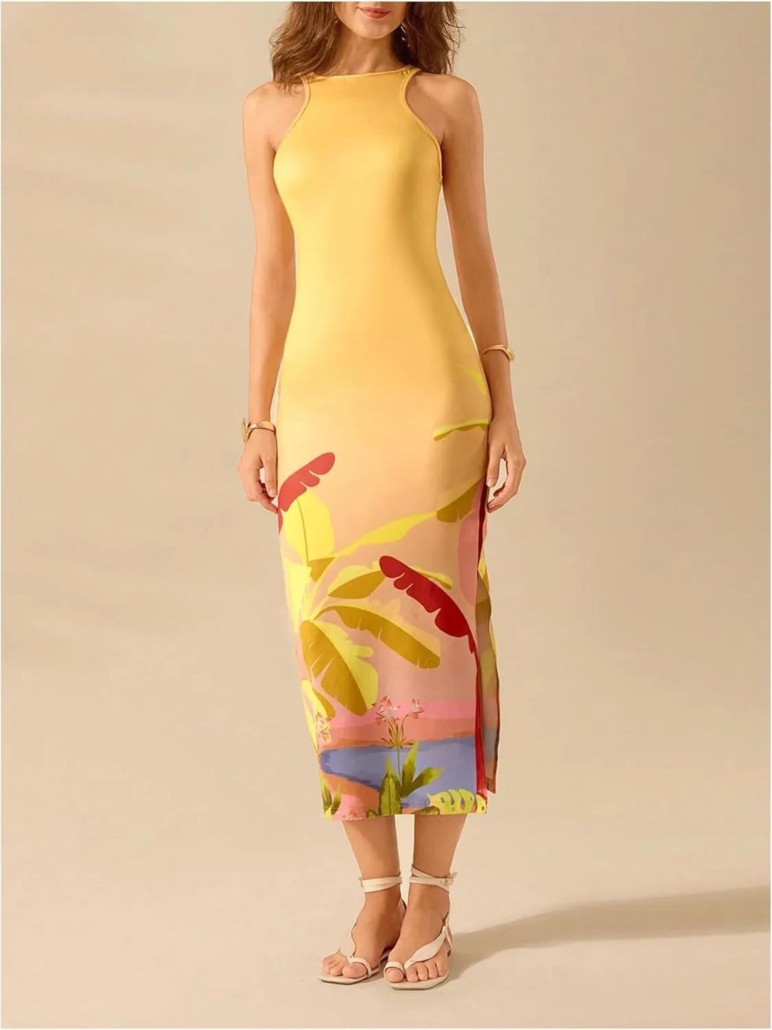 Women's Tropical Bodycon Tank Dress Elegant Summer Vacation Crewneck Split Thigh Long Maxi Dress Boho Sundress