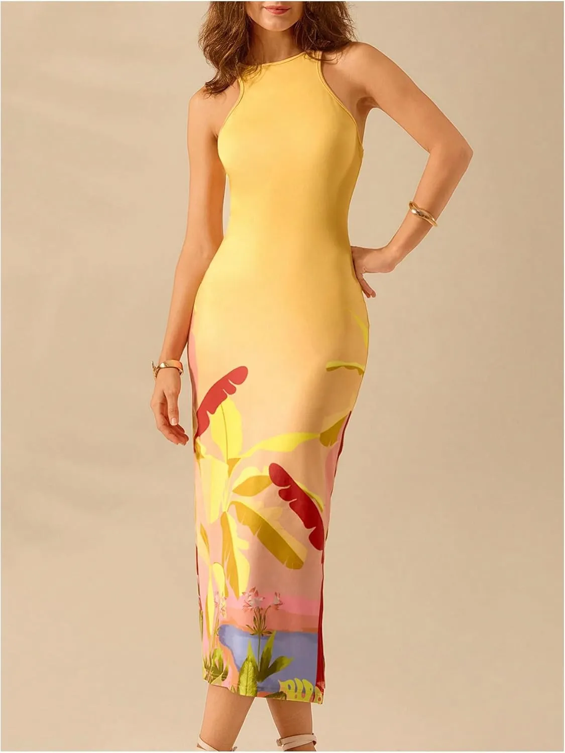 Women's Tropical Bodycon Tank Dress Elegant Summer Vacation Crewneck Split Thigh Long Maxi Dress Boho Sundress