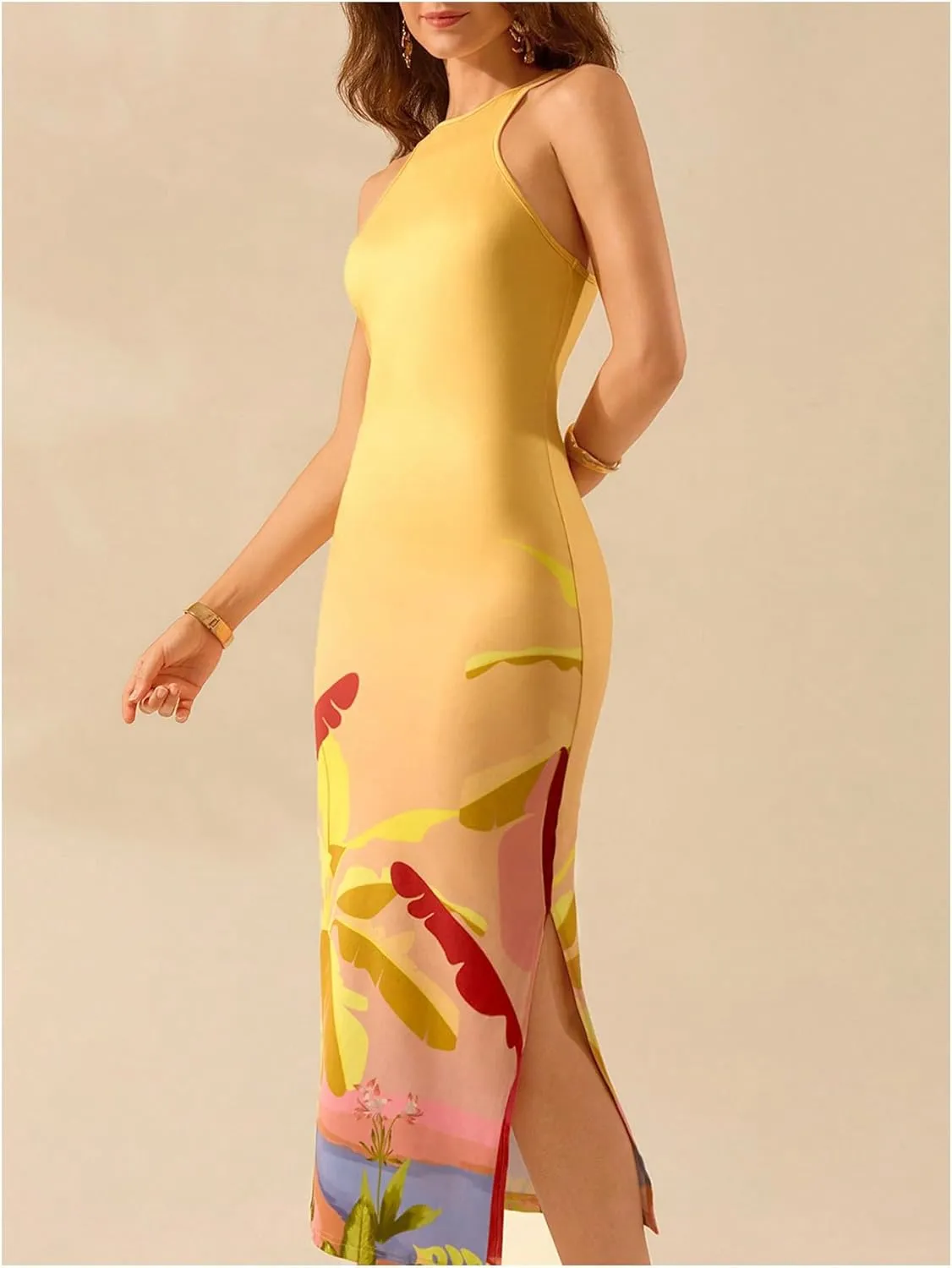 Women's Tropical Bodycon Tank Dress Elegant Summer Vacation Crewneck Split Thigh Long Maxi Dress Boho Sundress