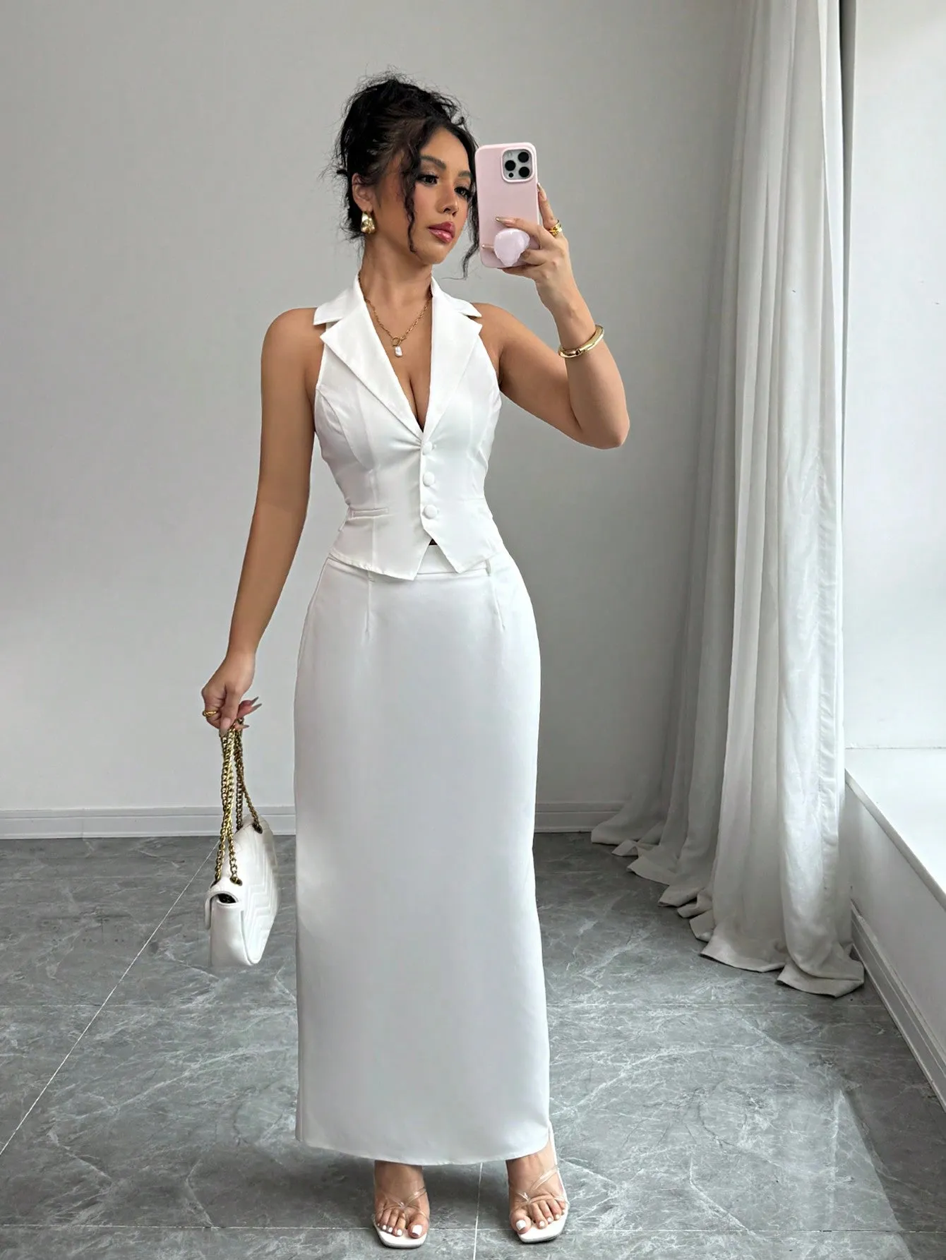 Women's V-Neck Blazer Collar Faux Pocket Elegant Slim-Fit Sheath Dress 2 Pieces Set, Office Wear, Spring/Summer