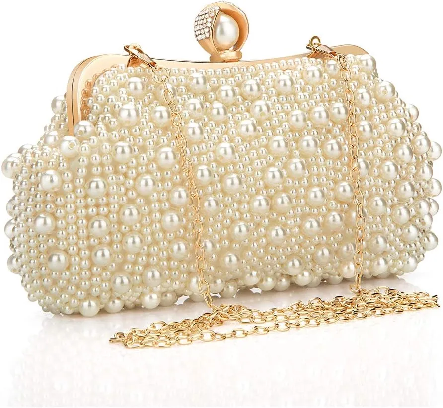 Women's Wedding Purse, Pearl Clutch, Different Length Chain Crossbody Shoulder Bag Handbag for Party Date Formal Occasion