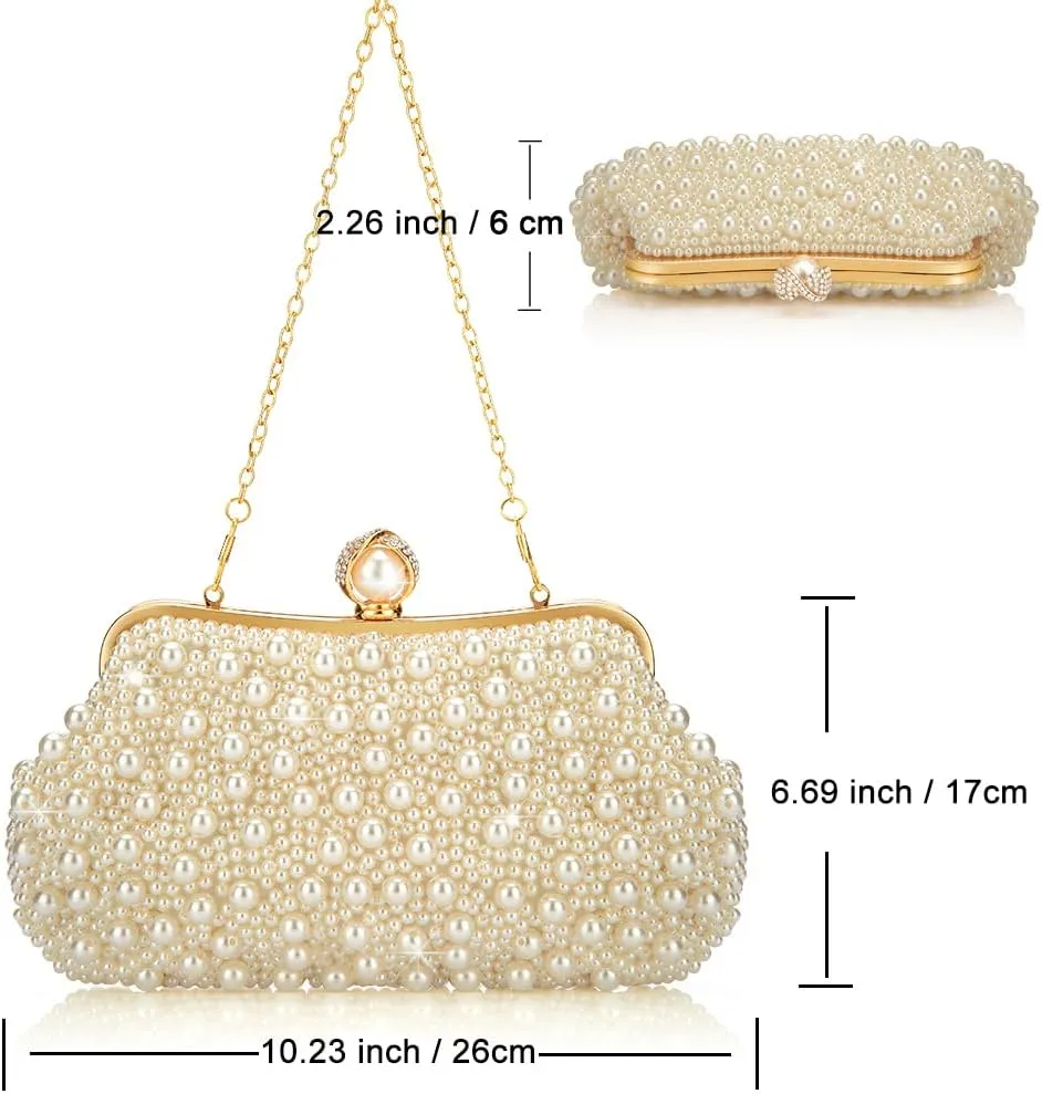 Women's Wedding Purse, Pearl Clutch, Different Length Chain Crossbody Shoulder Bag Handbag for Party Date Formal Occasion