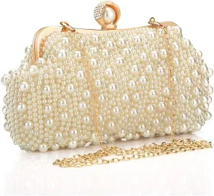 Women's Wedding Purse, Pearl Clutch, Different Length Chain Crossbody Shoulder Bag Handbag for Party Date Formal Occasion