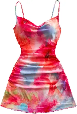 Women's Y2k Floral Tie Dye Cami Dress Vacation Summer Mesh Ruched Spaghetti Strap A Line Mini Dresses
