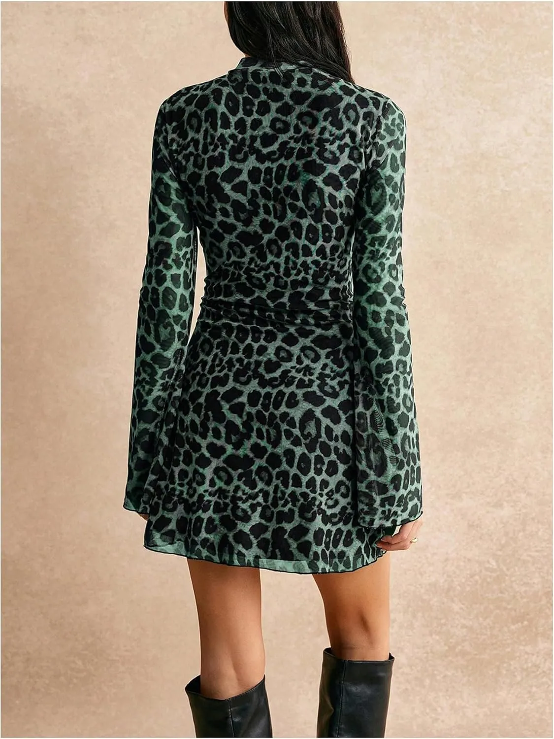 Women's Y2k Leopard Print Sheer Mesh Mini Dress Bell Long Sleeve Short Dresses
